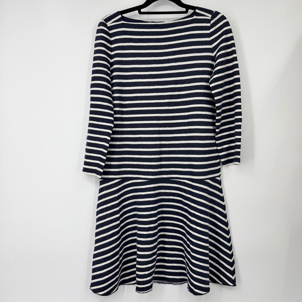 Tory Burch Navy White Striped 100% Linen Drop Waist Flounce Dress XS 10152406